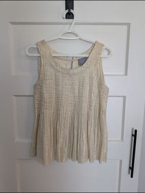 Sleeveless Pleated Cream And Gold Tank Top with Subtle Shine